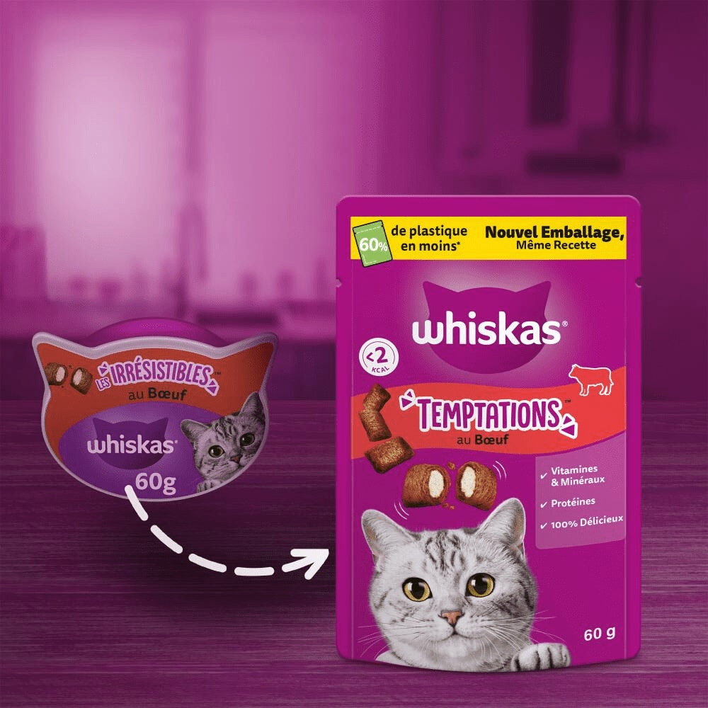WHISKAS® TEMPTATIONS™ Au Bœuf Friandises Pour Chat Adulte 60g - 6