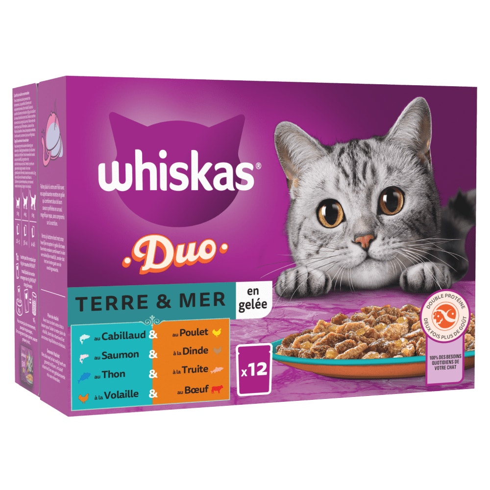 WHISKAS® Duo Sachets Fraîcheur Terre & Mer En Gelée Pour Chat Adulte 4 Variétés 12 x 85g - 1
