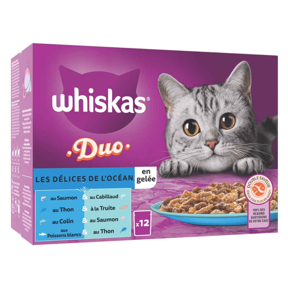 WHISKAS® Duo Sachets Fraîcheur Délices de l'Océan En Gelée Pour Chat Adulte 4 Variétés 12 x 85g - 1