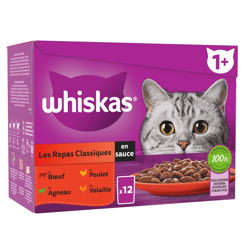WHISKAS® Sachets Fraîcheur Les Repas Classiques En Sauce Pour Chat Adulte 4 Variétés 12 & 24 & 60 x 85g - 1