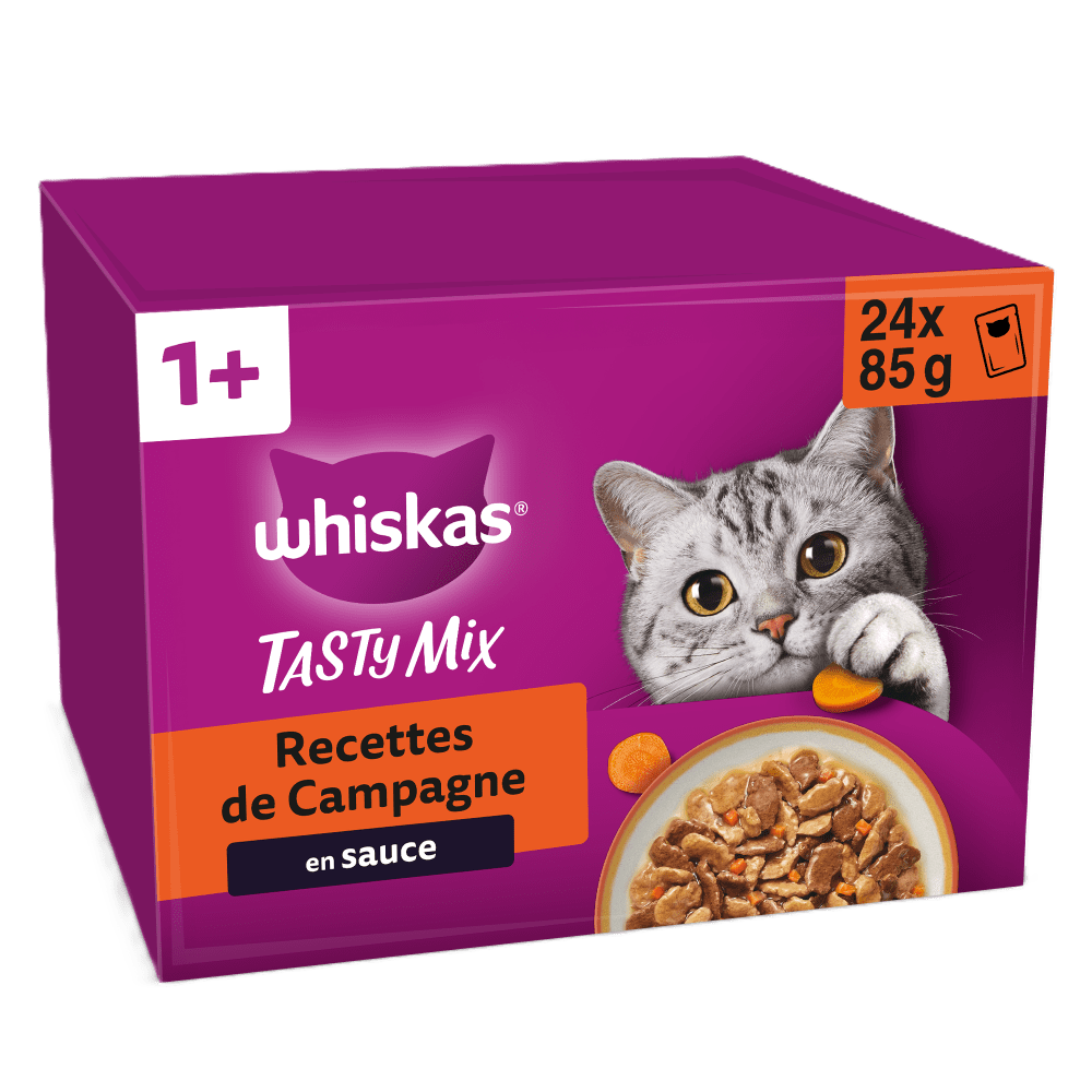 WHISKAS® Tasty Mix Sachets Fraîcheur Recettes De Campagne En Sauce Pour Chat Adulte 4 Variétés 24 x 85g - 1
